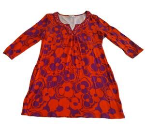 Boden Tunic Midi Dress Womens 14 Orange Purple Jersey Beaded 3/4 Sleeve Boho Art